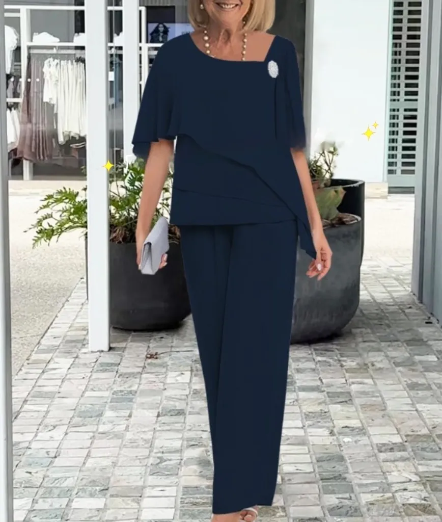 Chiffon Slimming Wide-leg Pants Two-piece Set - Navy Blue
