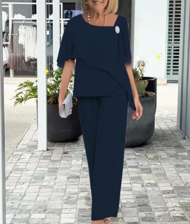 Chiffon Slimming Wide leg Pants Two piece Set Navy Blue - Shop at LoveMi