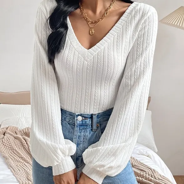 Puff Sleeve Shirt Slim fit Elegant Twist Knitted Long sleeved Top White - Shop at LoveMi