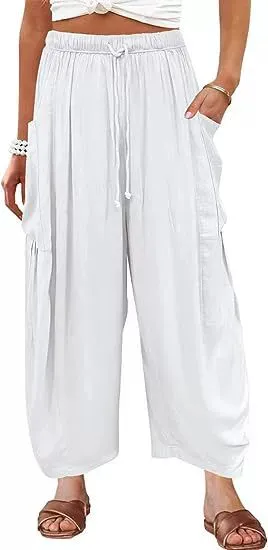 Elastic Waistband Pocket Casual Pants White - Shop at LoveMi