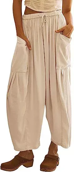 Elastic Waistband Pocket Casual Pants Apricot - Shop at LoveMi
