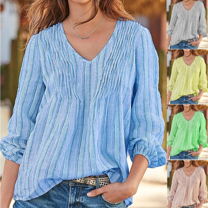 Loose Casual Front Discount Striped Long Sleeve V-neck Shirt