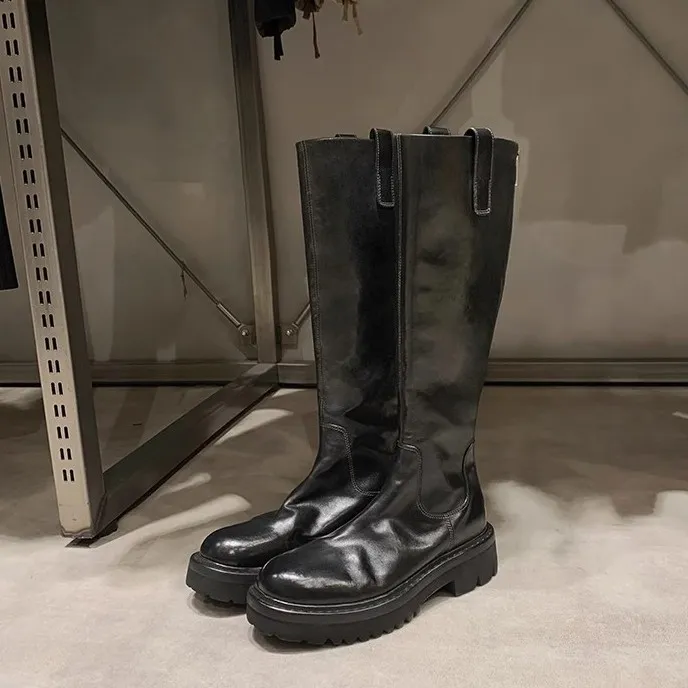 Round Head Thick Bottom Chunky Heel Long Tube Knight Boots - Black