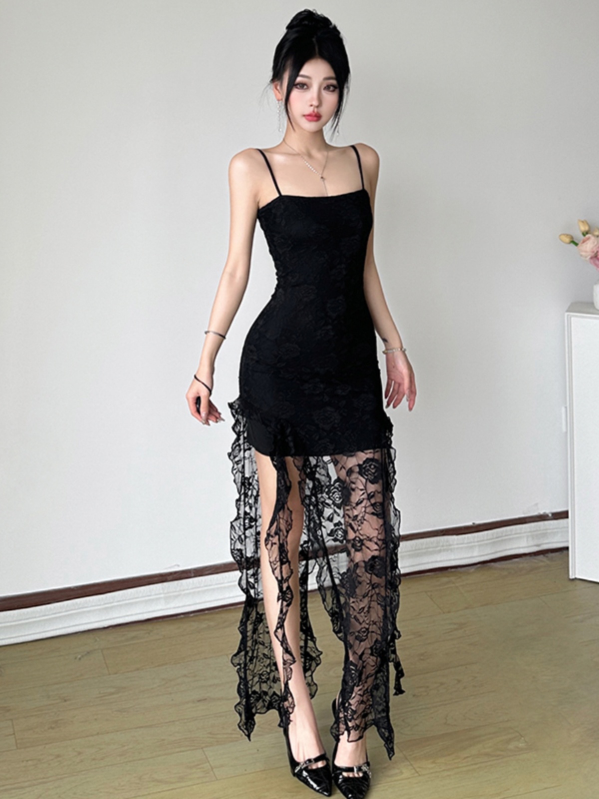 Vacation Style Lace Strap Irregular Sexy Black Dress