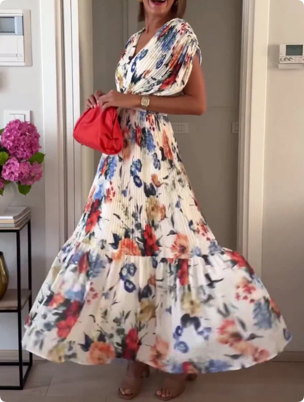 Elegant V neck Printed Pleated Dress Women White - Shop at LoveMi