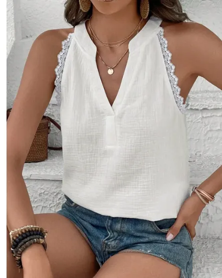 White Textured Lace Trim Pure Cotton Sleeveless Top White - Shop at LoveMi