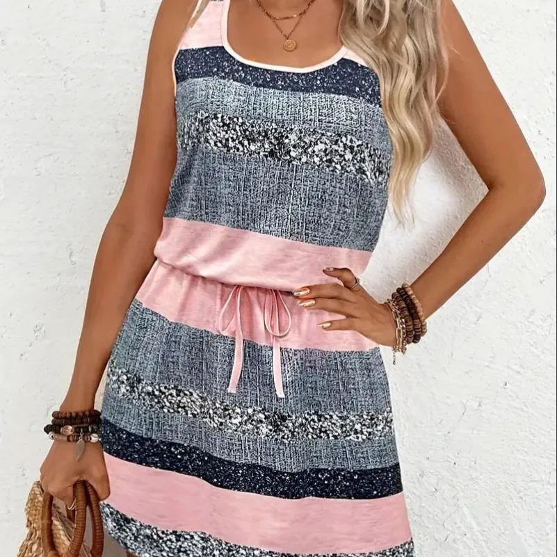 New Summer Plaid Striped Round Neck U-neck Vest Dress - Pink