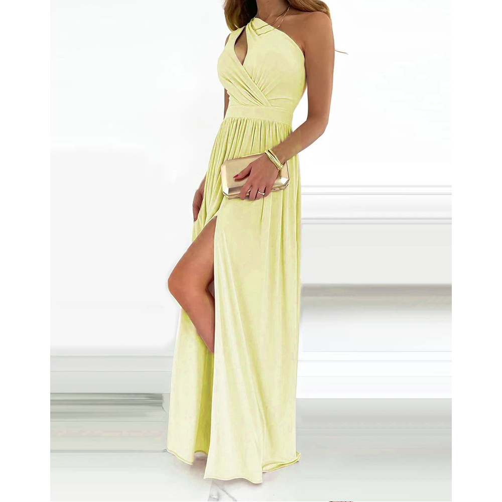 Sexy Solid Color One-shoulder Hollow Halter Neck High-waist Split Long Dress - Image 2