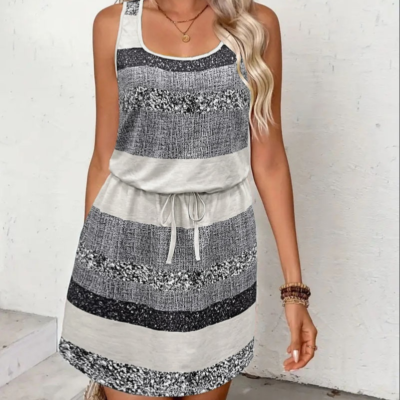 New Summer Plaid Striped Round Neck U neck Vest Dress Gray - Shop at LoveMi