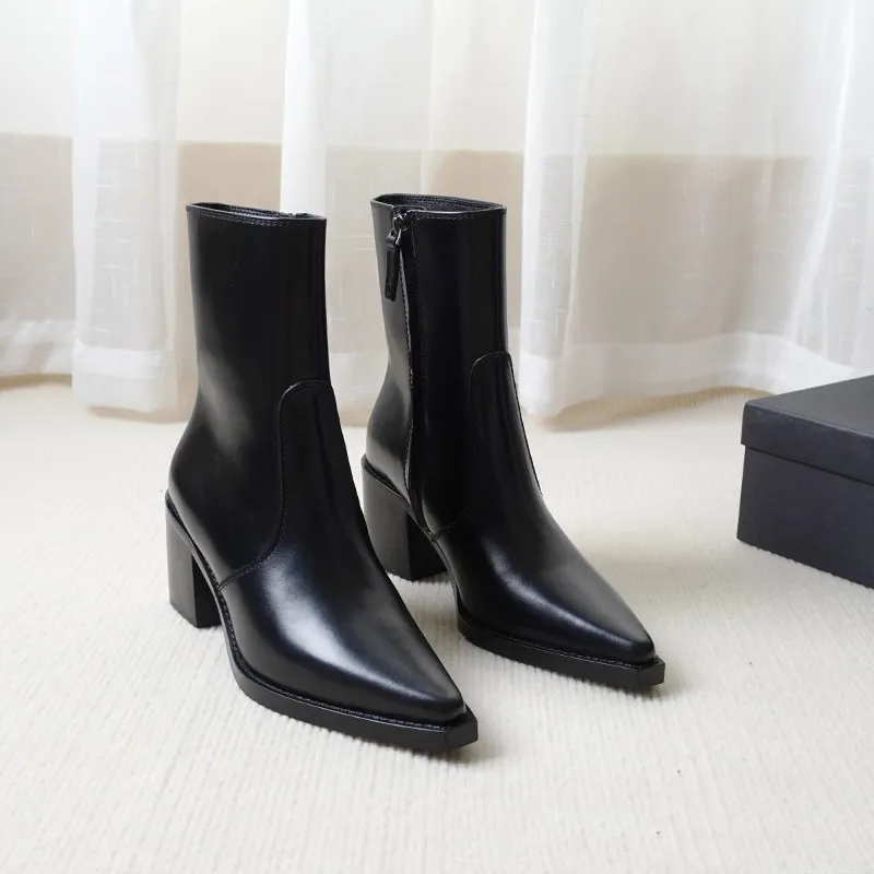 Autumn And Winter Genuine Leather Chunky Heel Martin Boots Ankle Boots - Black