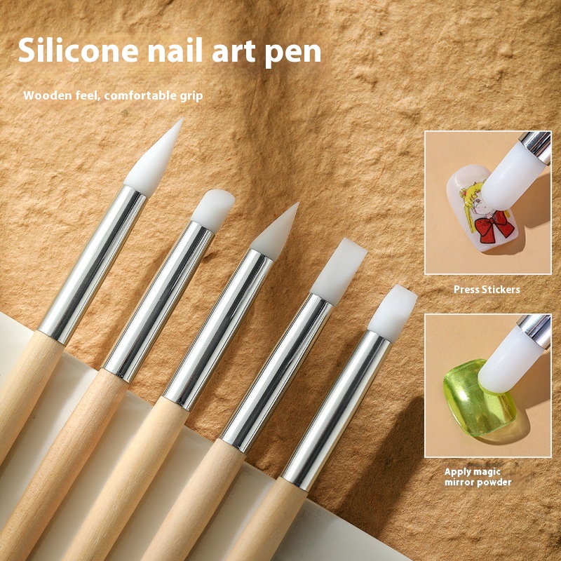Manicure Implement Wooden Pole 5 PCS Japanese Multi-functional Silicone Pen