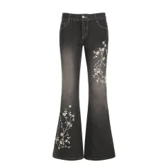 Retro Flower Embroidery Washed Wear-white Low Waist Straight Skinny Jeans - White - View 1