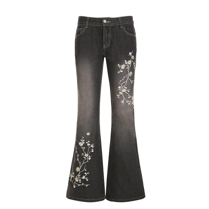 Retro Flower Embroidery Washed Wear-white Low Waist Straight Skinny Jeans - Black