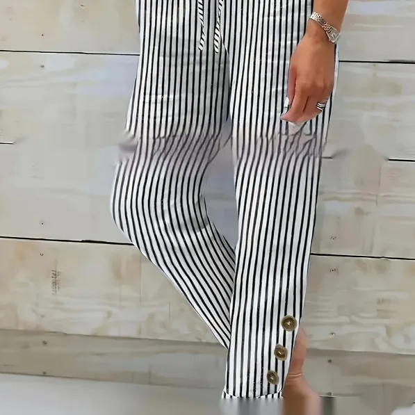 Fashion Striped Cotton Linen Elastic waist Trousers Decorative Buckle Casual Pants Black - Shop at LoveMi
