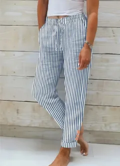 Fashion Striped Cotton Linen Elastic-waist Trousers Decorative Buckle Casual Pants - Blue - View 1