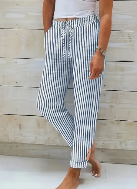 Fashion Striped Cotton Linen Elastic waist Trousers Decorative Buckle Casual Pants Blue - Shop at LoveMi