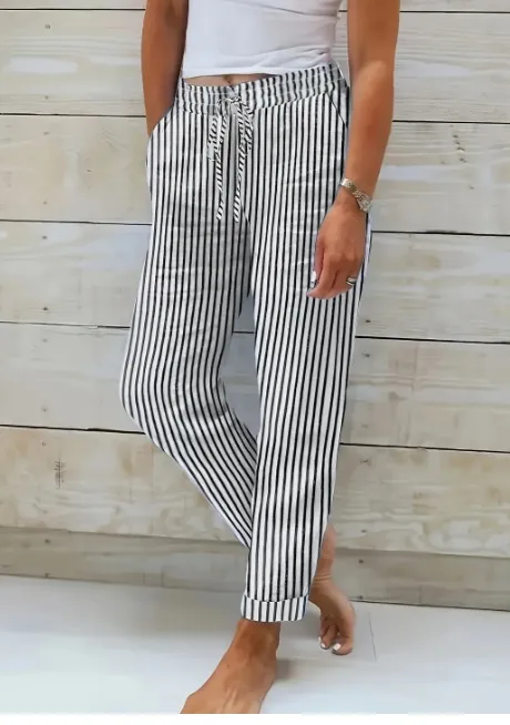 Fashion Striped Cotton Linen Elastic-waist Trousers Decorative Buckle Casual Pants - Black Without Buckle