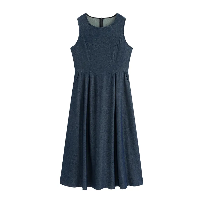 Sweet Denim Vest Pleated Skirt Cardigan Plus Size Set - Denim Blue Long Skirt