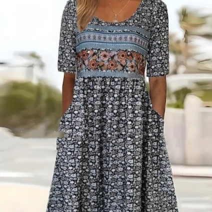 Women's Digital Printed Round Neck Short Sleeved Pocket Casual Dress