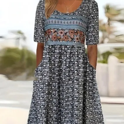 Women's Digital Printed Round Neck Short Sleeved Pocket Casual Dress No 5 Color - Shop at LoveMi
