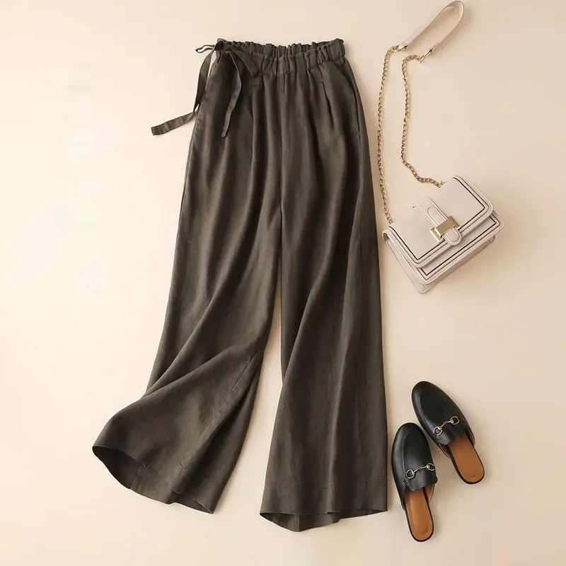 High Waist Side Lace-up Retro Art Elastic-waist Casual Pants For Women - Army Green
