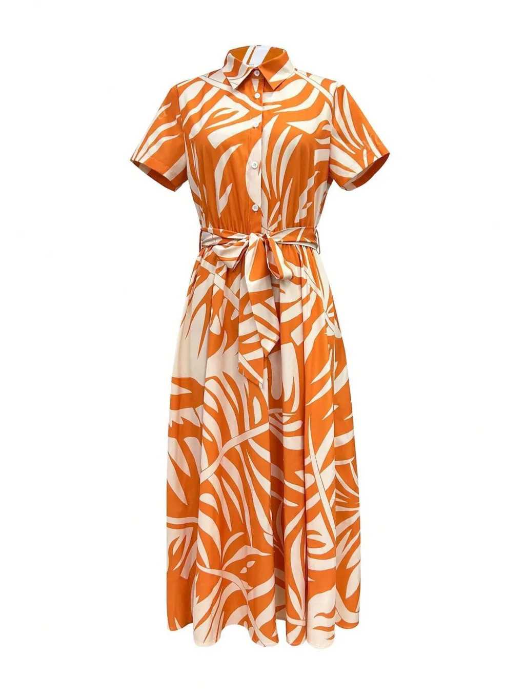 Elegant Short Sleeve Long Shirt Dress - Orange