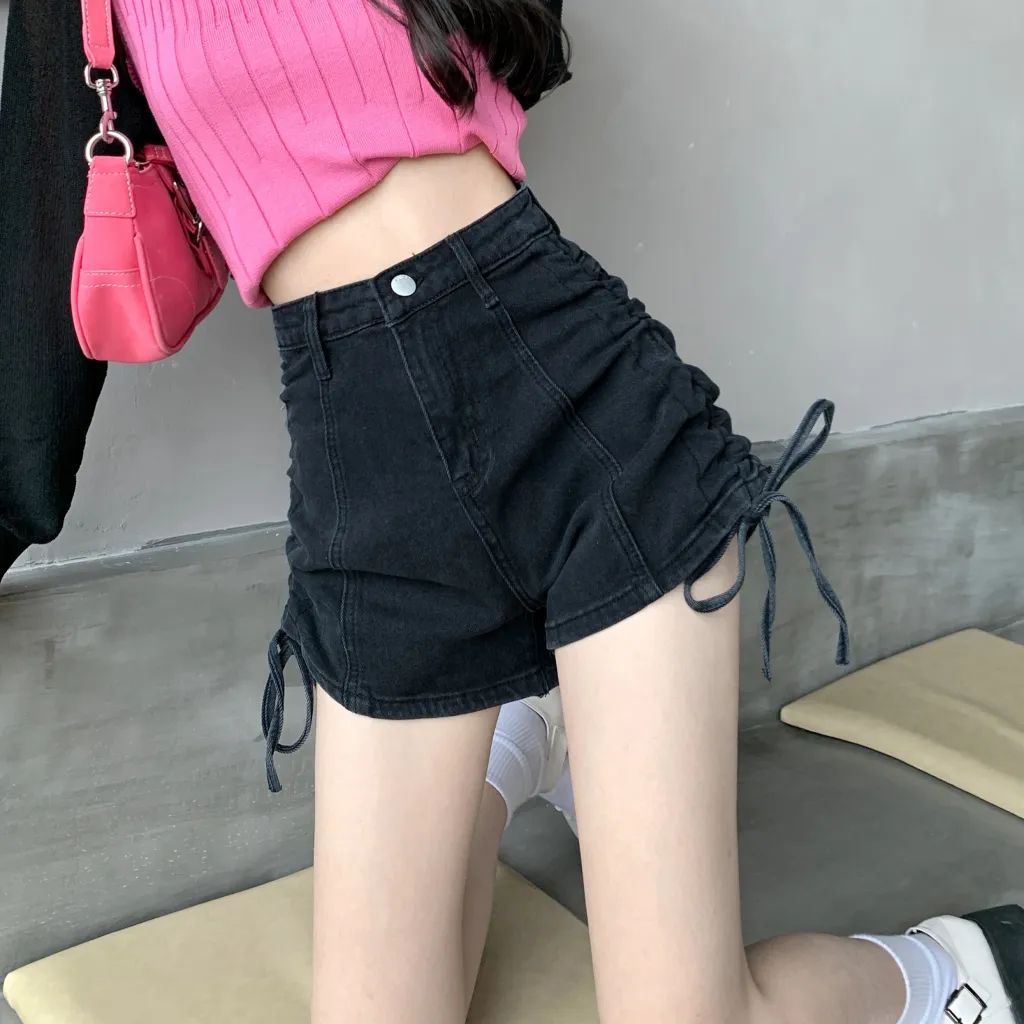 Thin Drawstring Design With A-line Wide Leg Denim Shorts For Women - Black