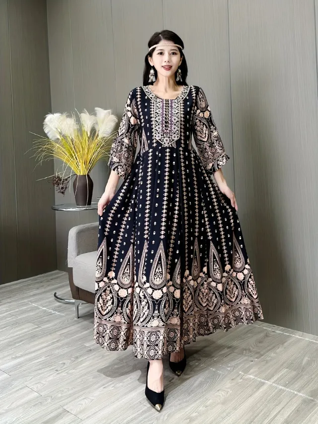 Women's Bohemian Embroidery Dress Dark Blue - Shop at LoveMi