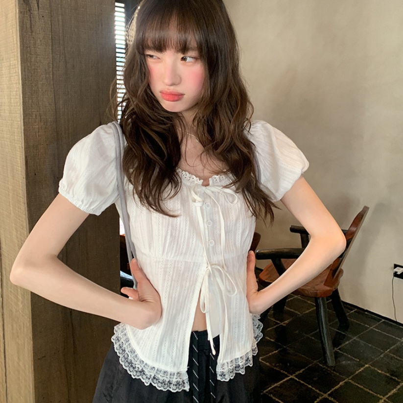 Lace Edge Lace-up Short-sleeved Shirt Women's Top