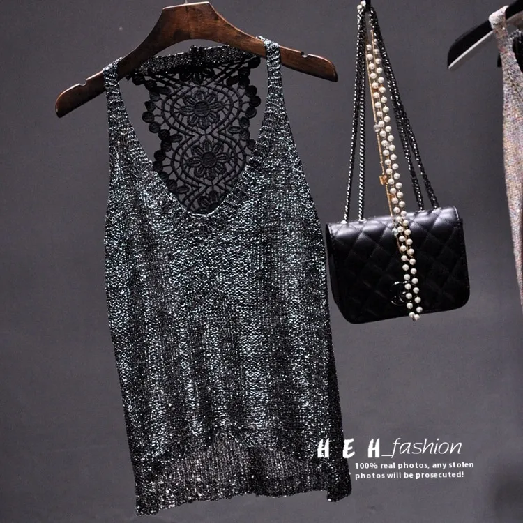Sexy Off-shoulder Vest Halter Sequined Lace Top - Black