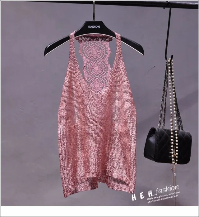 Sexy Off shoulder Vest Halter Sequined Lace Top Gold - Shop at LoveMi