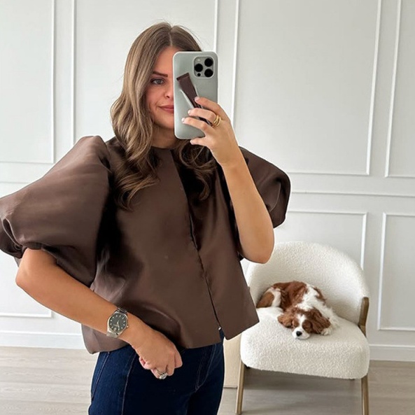 Solid Color Puff Sleeve Satin Short Coat