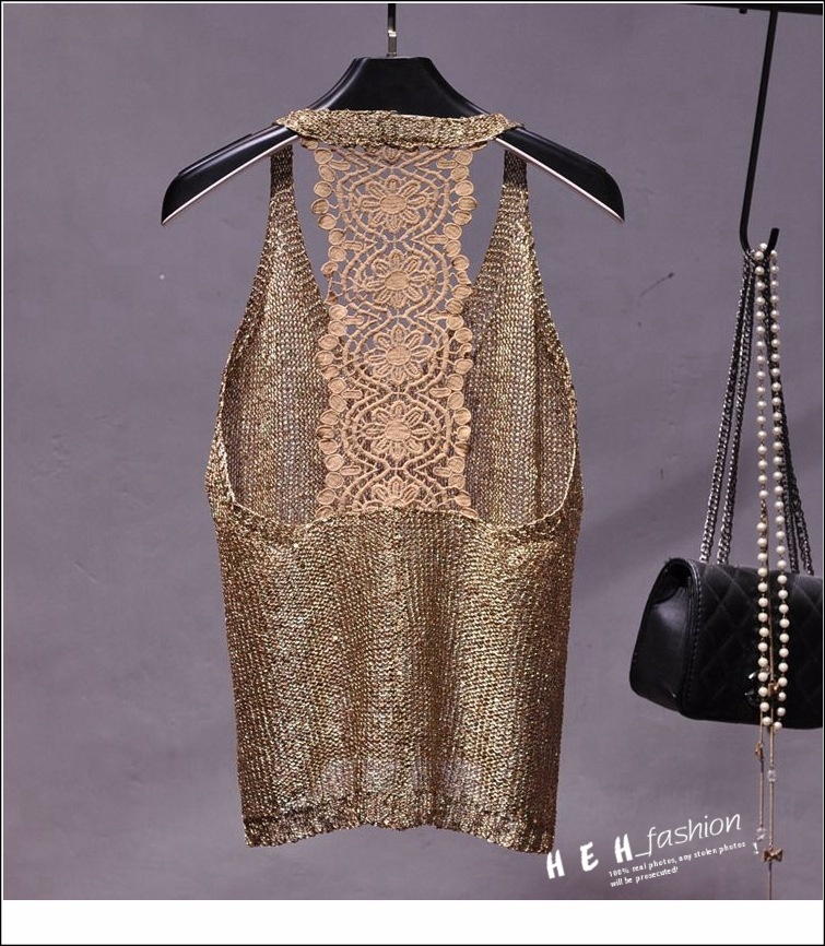 Sexy Off-shoulder Vest Halter Sequined Lace Top