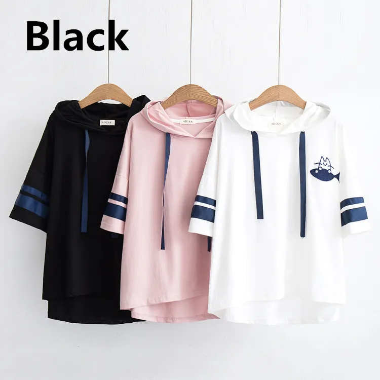 Summer College Style Cartoon Embroidered Loose Hooded Short Sleeve T-shirt - Black