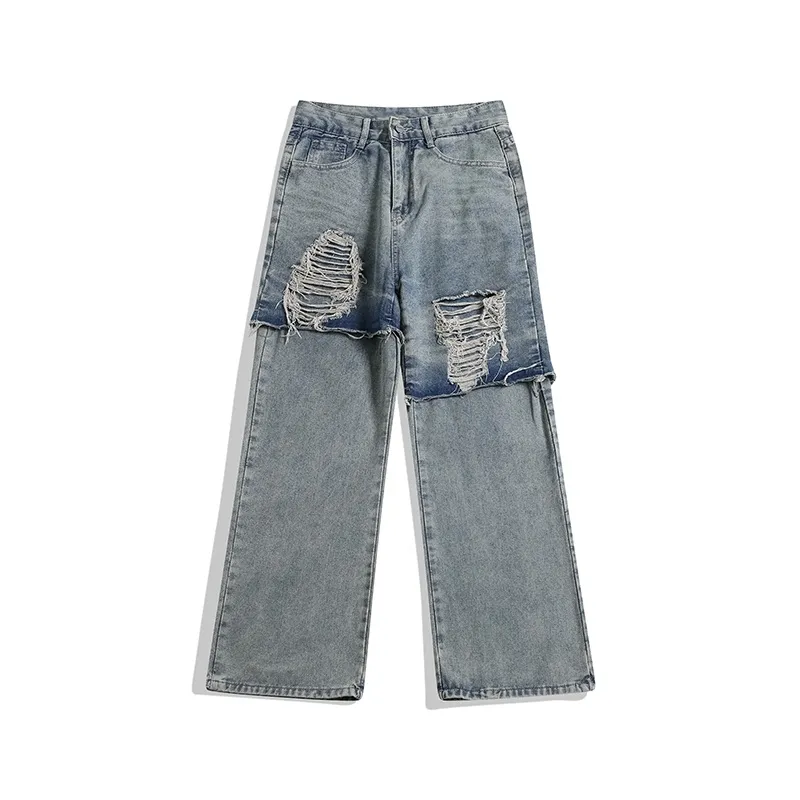 Washed Mud Dyed Ripped Jeans Plus Size Casual Pants - Blue