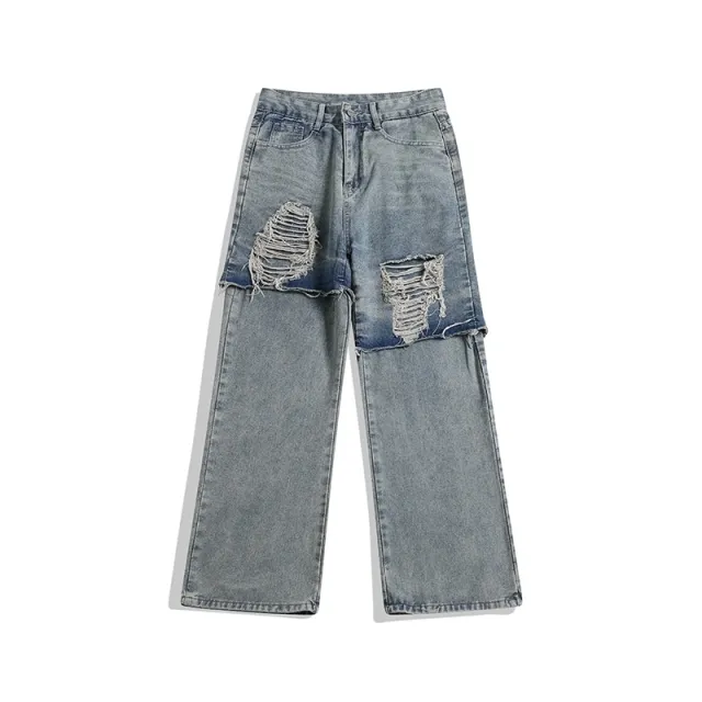 Washed Mud Dyed Ripped Jeans Plus Size Casual Pants Blue - Shop at LoveMi