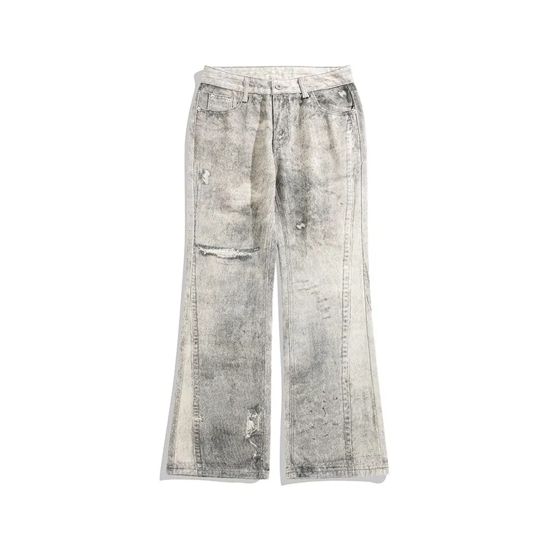 Tie-dyed Waste Soil Worn Jeans Holes Slightly Pull Mop Pants