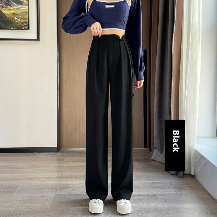 New Buckle High Waist Casual National Style Special-interest Design Elastic Waist Wide Leg Pants - Black