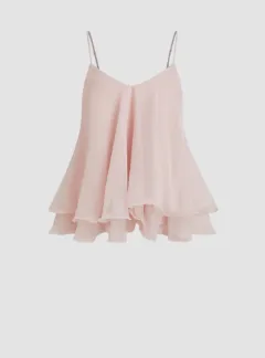 Mesh Camisole Short Top With Laminated Ruffles - Pink - View 1