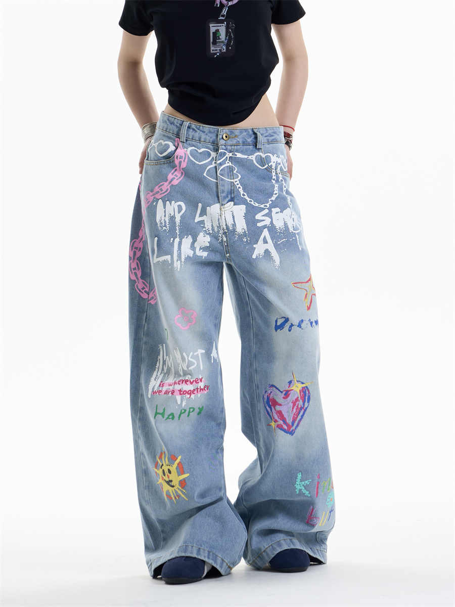 Waist Chain Printed Jeans Women's Straight Wide-leg Pants - Image 2