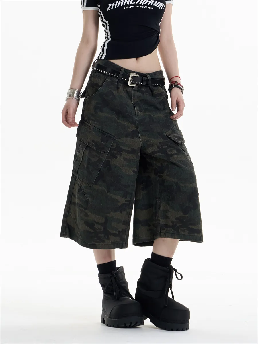 Retro Camouflage Workwear Cropped Pants For Women Wide-leg Casual Pants - Green Camouflage
