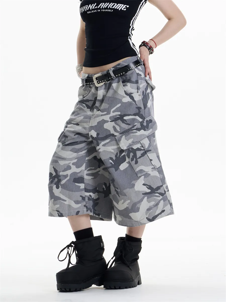 Retro Camouflage Workwear Cropped Pants For Women Wide-leg Casual Pants - White Camo