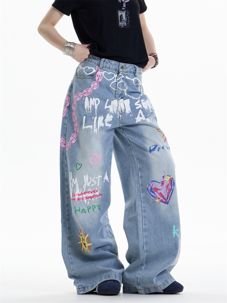 Waist Chain Printed Jeans Women's Straight Wide-leg Pants - Image 6