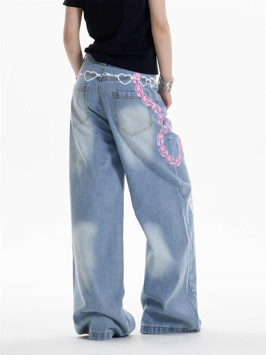 Waist Chain Printed Jeans Women's Straight Wide-leg Pants - Image 5