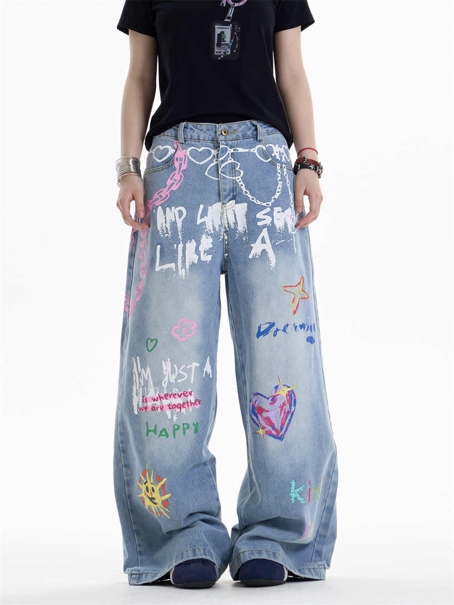 Waist Chain Printed Jeans Women's Straight Wide-leg Pants - Image 1