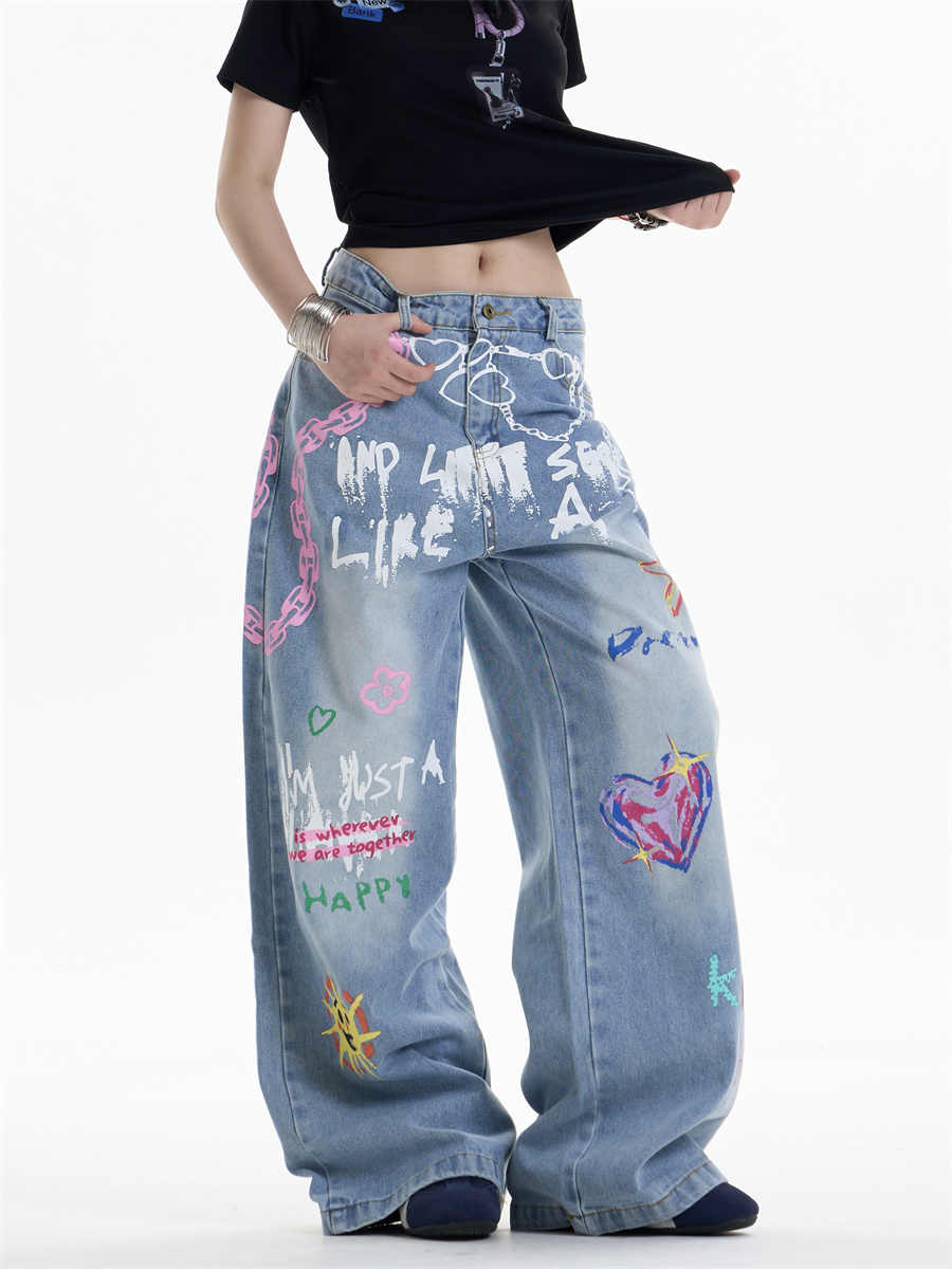 Waist Chain Printed Jeans Women's Straight Wide-leg Pants - Image 4