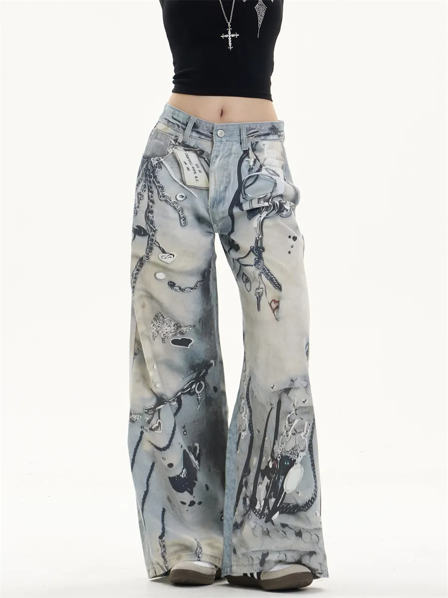 Multi-pocket Wide Leg Jeans Straight Casual Pants - Blue