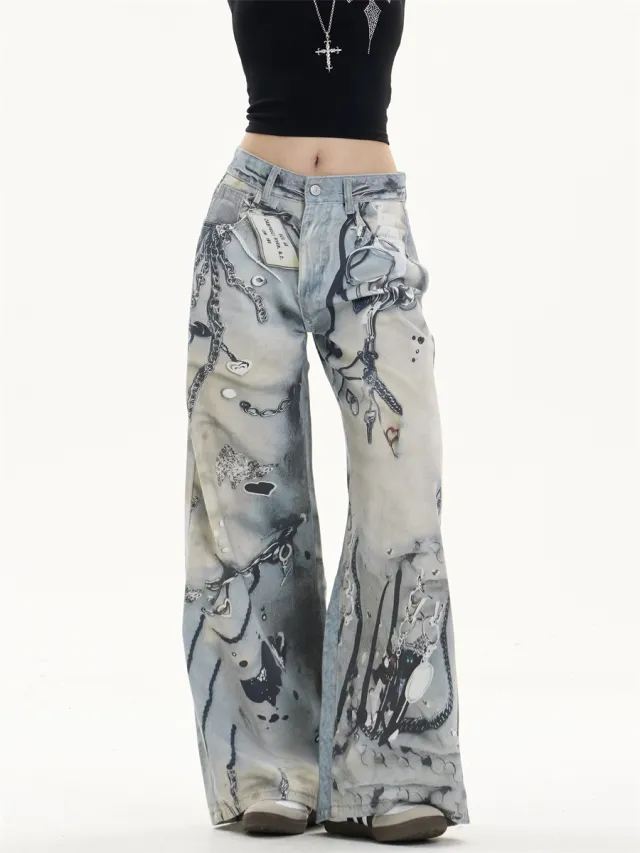 Multi pocket Wide Leg Jeans Straight Casual Pants Blue - Shop at LoveMi
