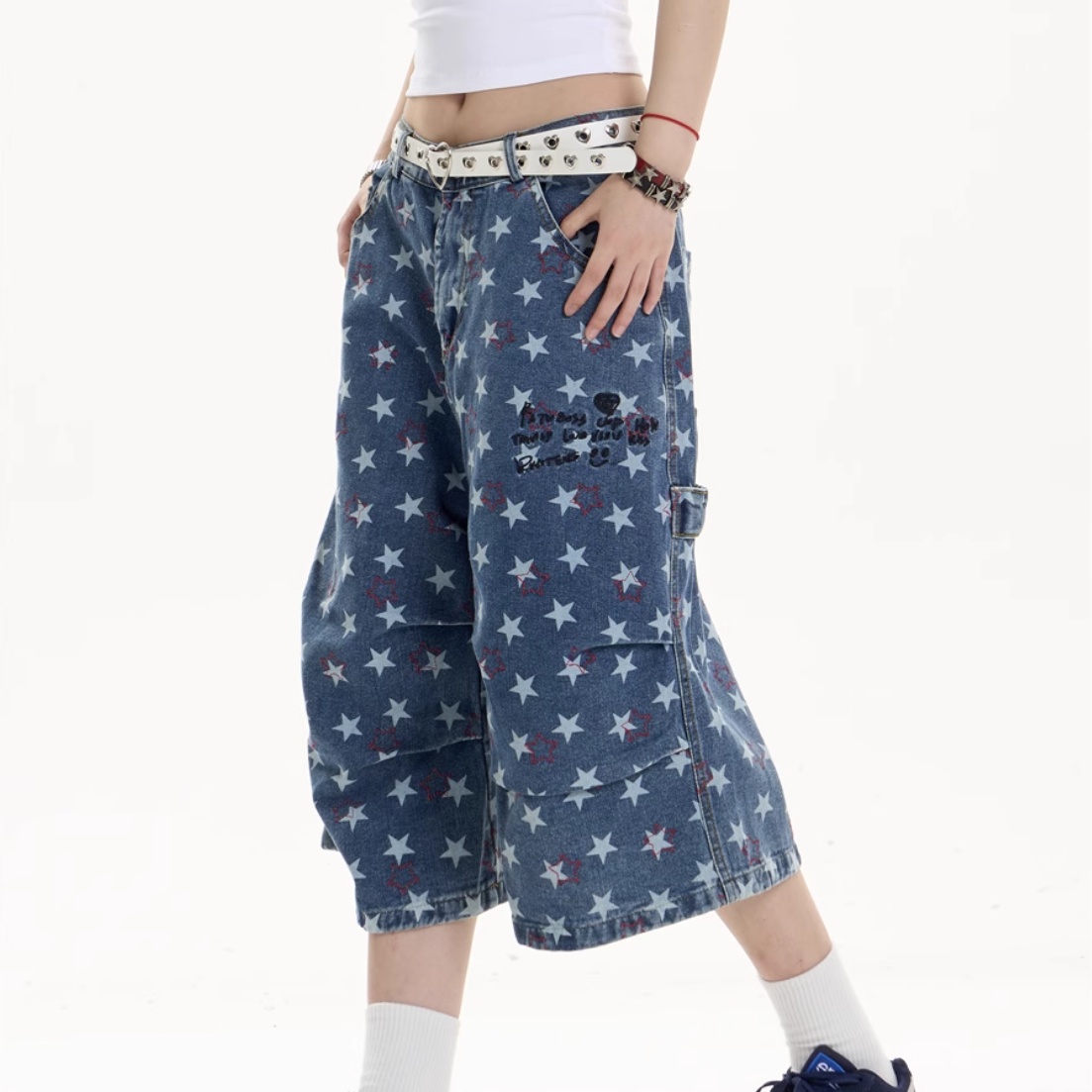 Printed Denim Cropped Loose Wide Leg Pants