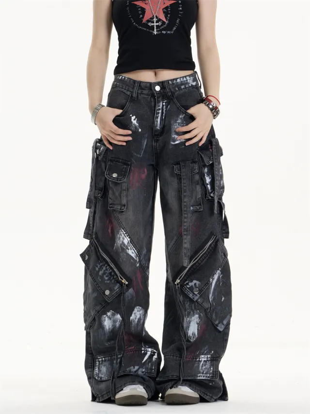 Multi Pocket Workwear Jeans Women's Loose Wide leg Pants Black - Shop at LoveMi